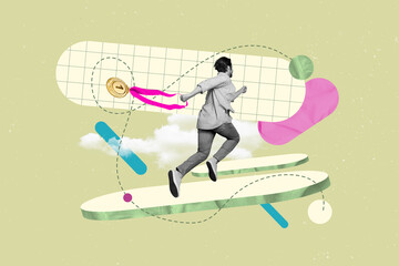 Design collage illustration of running man carry his first place medal success triumph success...