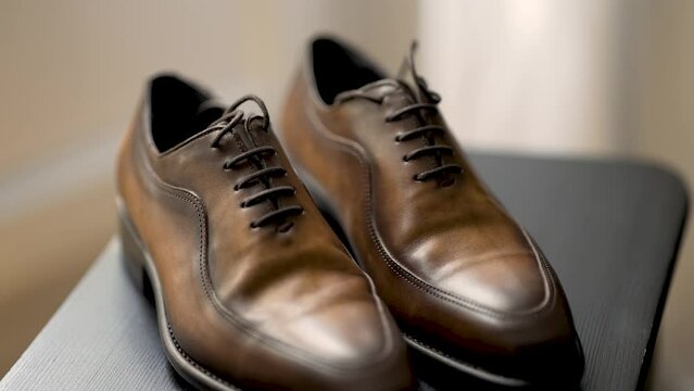 Men brown leather shoes with umbra finish ready to wear, Tilt up reveal shot