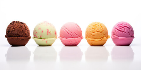 Obraz premium Ice cream balls isolated on white background with copy space. Scoops of delicious multicolored milk ice cream in a line, assortment of flavors. Generative AI.