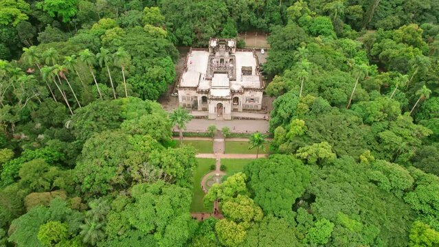 Aerial Drone Fly Above Mansion at Parque Lage Botanical Garden, Rio de Janeiro, Residence between Lush Green Tropical Forest, Brazil