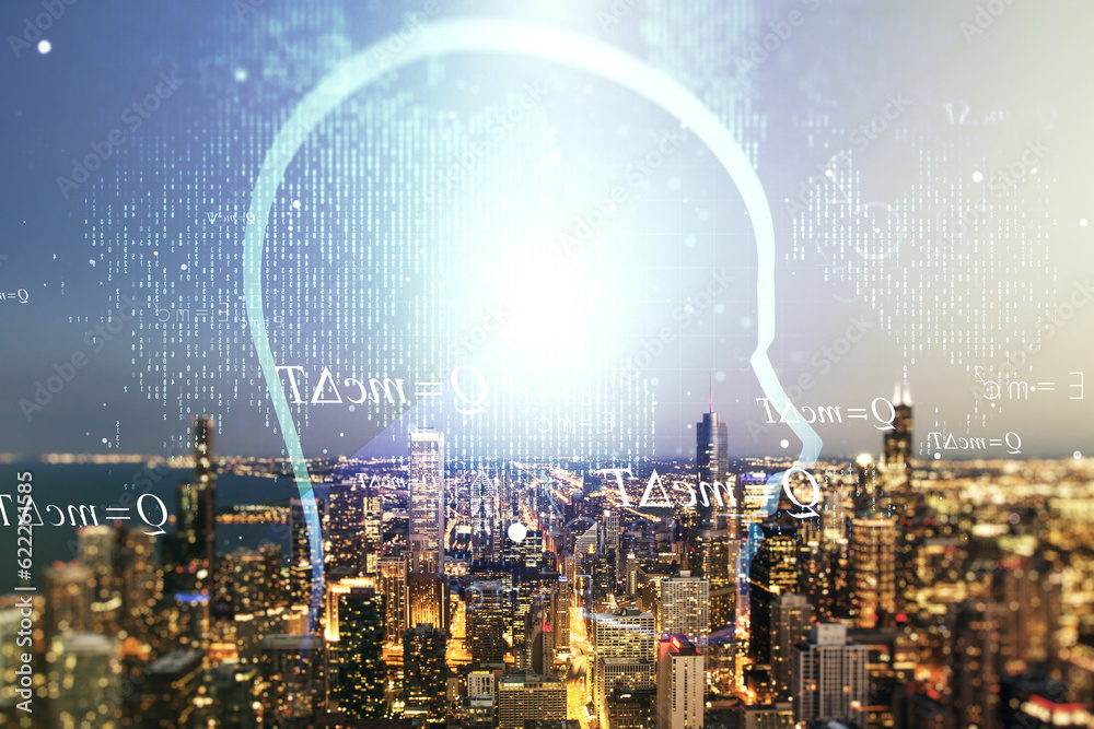 Poster abstract virtual artificial intelligence concept with human head sketch on chicago cityscape backgro
