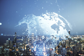 Double exposure of abstract programming language hologram and world map on Chicago city skyscrapers background, research and development concept