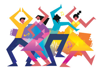 
Two dancing couples, wild crazy dance party,cartoon.
Abstract stylized Illustration of disco dancers. Isolated on white background. Vector available.