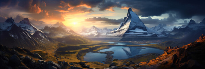 Fototapeta na wymiar mountainous fantasy landscape, fictional landscape made with generative ai
