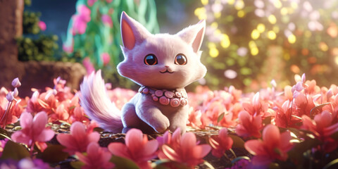 cute anime cat sits in flowers, generative ai