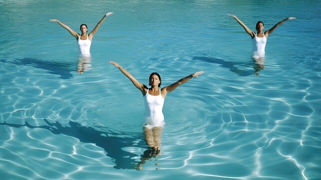 Athletes practicing synchronized swimming routines in perfectly matched attire, as they move in harmony through the water. Generated by AI.