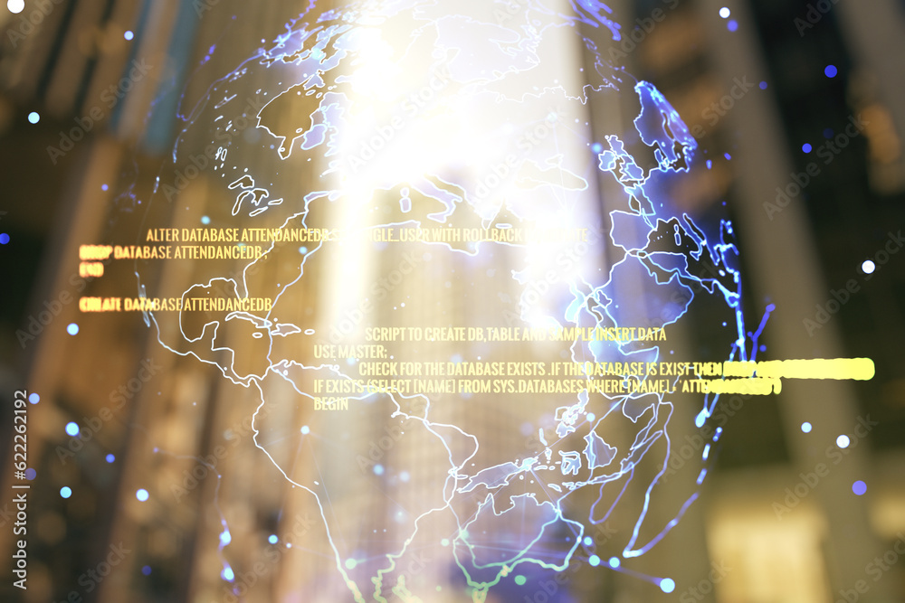 Poster double exposure of abstract programming language hologram and world map on modern skyscrapers backgr