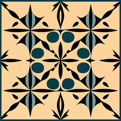 Vibrant blue and beige pattern with black dots reminiscent of the art nouveau style, featuring intricate tilework and a mesmerizing design.