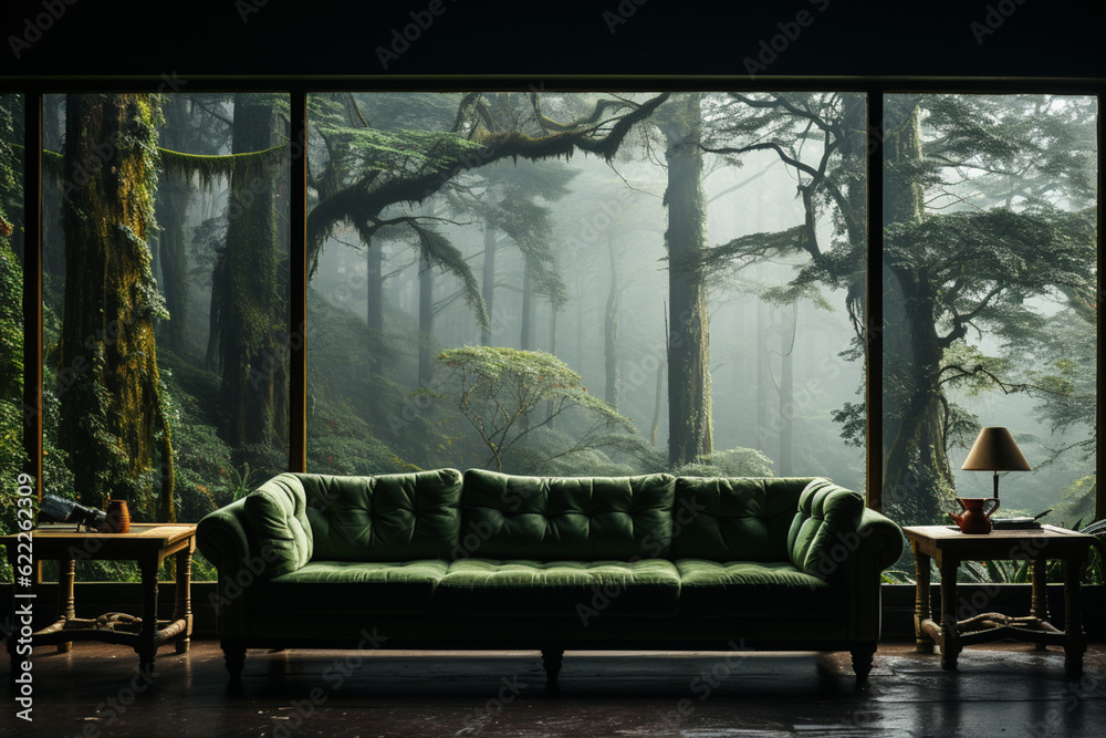 Poster A misty forest scene, with tall trees shrouded in fog and beams of sunlight piercing through the dense canopy.  Generative AI technology.
