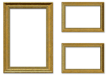 Set of three gilded wooden baroque mockup frames on transparent background