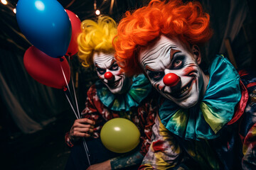 Two young men dressed as clowns at a party on Halloween