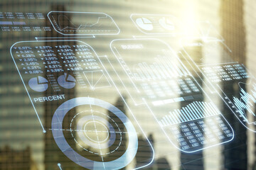 Multi exposure of abstract virtual graphic data spreadsheet sketch on modern architecture background, analytics and analysis concept