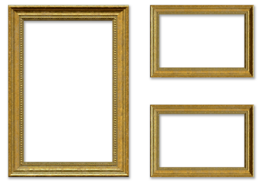 Set of three gilded wooden baroque mockup frames on transparent background