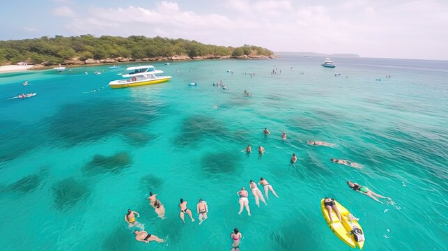 Boat ride that takes them to a snorkeling paradise. Dive into the sparkling waters, witness the vibrant marine ecosystem. Generated by AI.