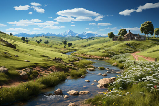 A tranquil countryside with rolling hills, dotted with colorful wildflowers and grazing livestock, under a clear blue sky.  Generative AI technology.