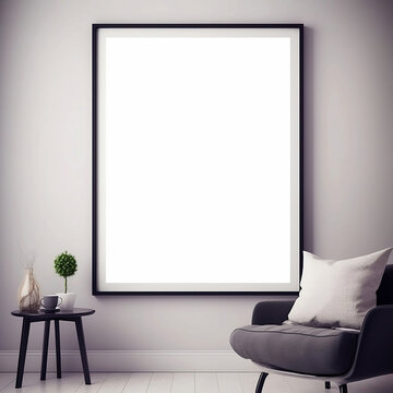 Blank picture frame mockup on a wall. White living room design. Modern style interior with table and chair. Home staging.