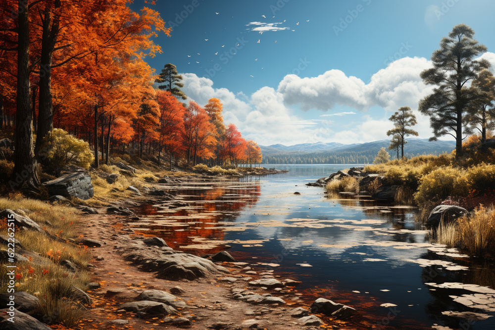Poster a peaceful lakeside scene, with calm waters reflecting a vibrant array of autumn colors from the sur