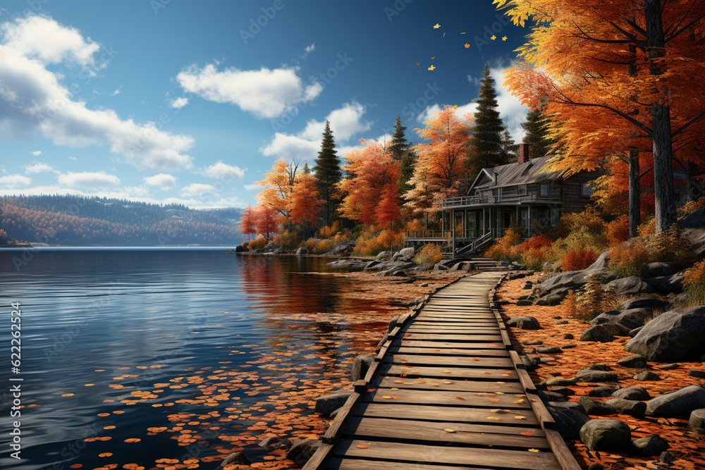 Poster a peaceful lakeside scene, with calm waters reflecting a vibrant array of autumn colors from the sur