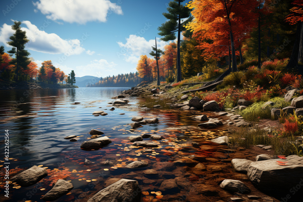Poster A peaceful lakeside scene, with calm waters reflecting a vibrant array of autumn colors from the surrounding trees.  Generative AI technology.