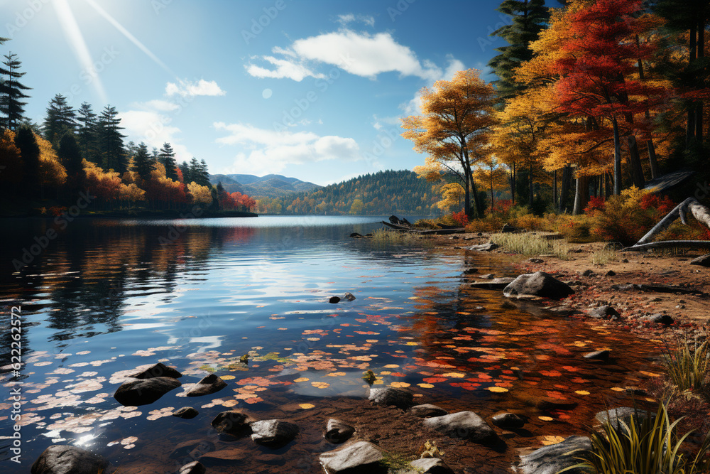 Poster a peaceful lakeside scene, with calm waters reflecting a vibrant array of autumn colors from the sur