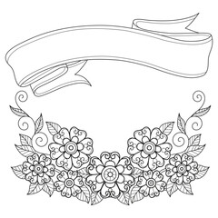 Banners and flowers hand drawn for adult coloring book