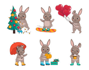 Set of illustrations of hares with different activities. Vector graphic.