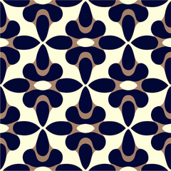 Visually pleasing pattern on a white background, featuring abstract blue and brown elements. The symmetry of this seamless pattern adds to its charm, while its aizome and art deco influences.
