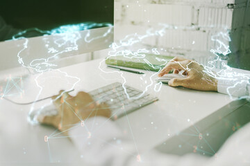 Multi exposure of abstract creative digital world map and hands typing on computer keyboard on background, tourism and traveling concept