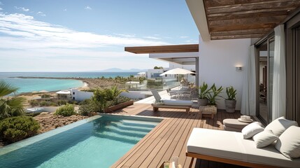 Fototapeta na wymiar Luxury with stunning luxury villas boasting private pools and breathtaking ocean views. Immerse yourself in the opulent ambiance as you relax in your own private oasis. Generated by AI.