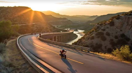 Fototapete Lachsfarbe Motorcycle tours that traverse scenic roads and iconic landmarks. Feel the power of the machine as you navigate twisting turns and expansive highways. Generated by AI.