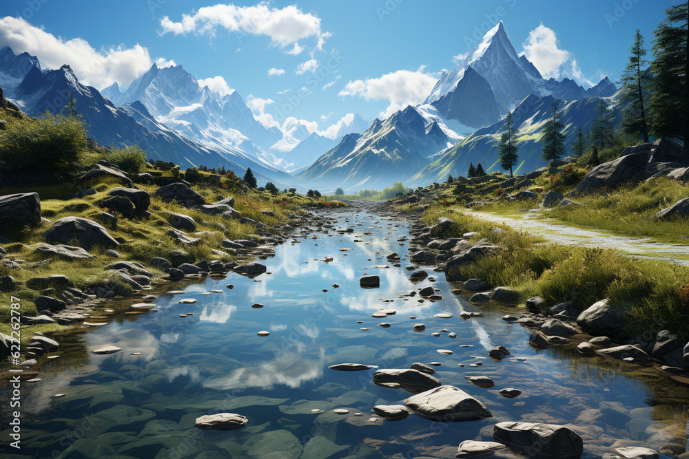 Poster a serene lake nestled between towering mountains, with a mirror-like surface reflecting the surround