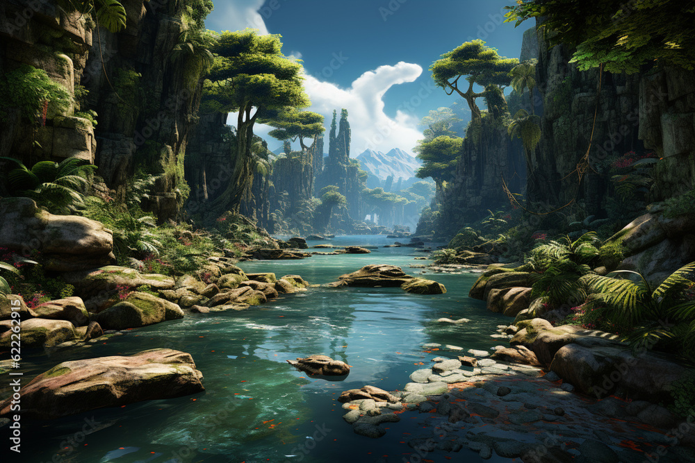 Poster A cascading waterfall in a lush rainforest, surrounded by lush vegetation and creating a mesmerizing display of water and mist. Generative AI technology.
