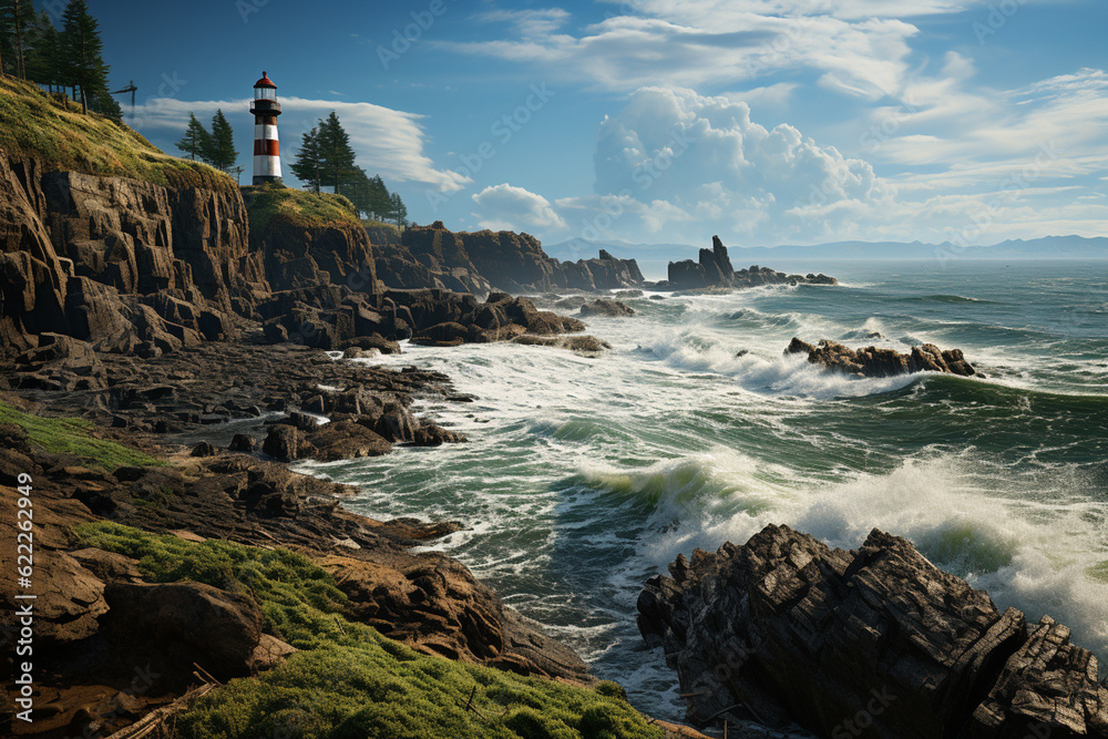 Poster a serene coastal cliff, with waves crashing against the rocks and a distant lighthouse standing tall