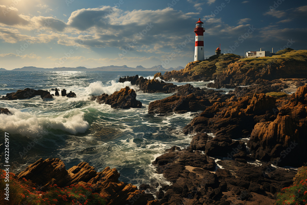 Poster a serene coastal cliff, with waves crashing against the rocks and a distant lighthouse standing tall