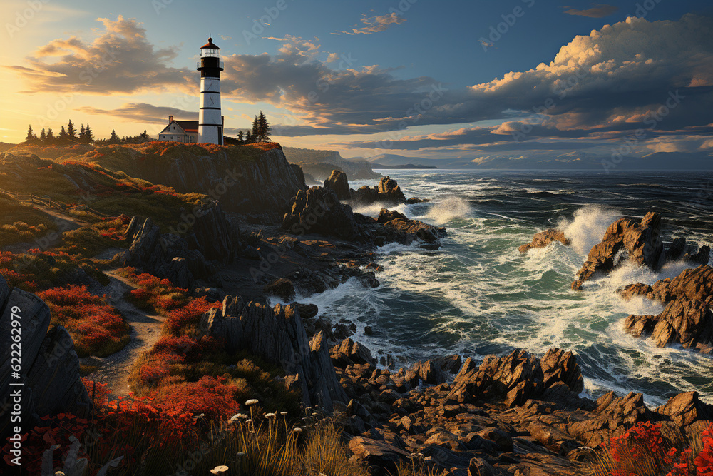 Poster a serene coastal cliff, with waves crashing against the rocks and a distant lighthouse standing tall