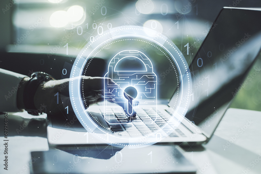 Poster double exposure of creative lock hologram with chip and hands typing on laptop on background. inform