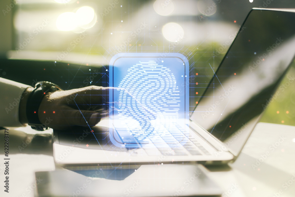 Poster abstract creative fingerprint concept with hands typing on laptop on background. multiexposure