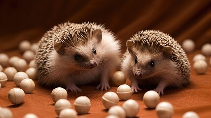 Tiny hedgehogs as they transform into prickly balls, a fascinating display of their innate defense mechanism. These lovable creatures curl up into adorable spheres. Generated by AI. - obrazy, fototapety, plakaty