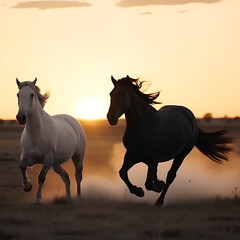Horses running and racing in the desert on sunset