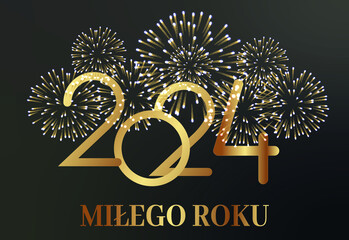 karta lub baner, aby życzyć szczęśliwego nowego roku 2024 w złocie z fajerwerkiem w kolorze złotym na czarno-szarym tle gradientu