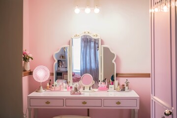 Pink princess style boudoir table. Details of the interior of the bedroom for girls and make-up. Generative Ai