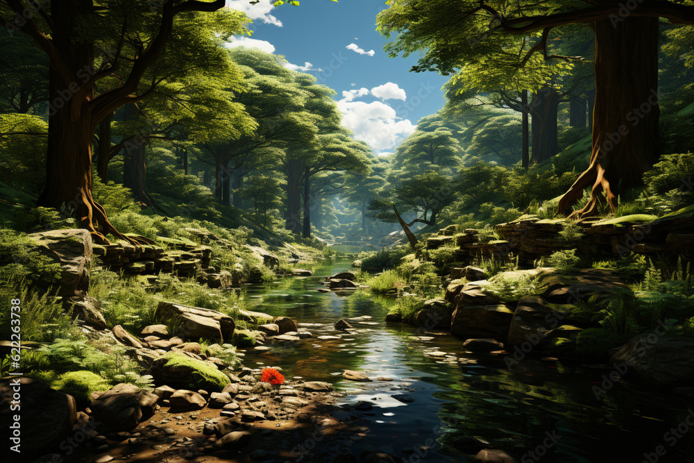 Poster a peaceful forest glade, with sunlight filtering through the trees and casting dappled shadows on th