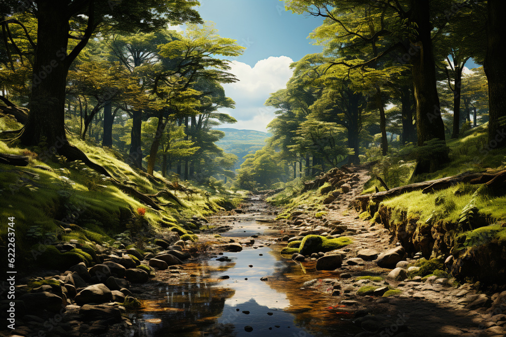 Poster a peaceful forest glade, with sunlight filtering through the trees and casting dappled shadows on th