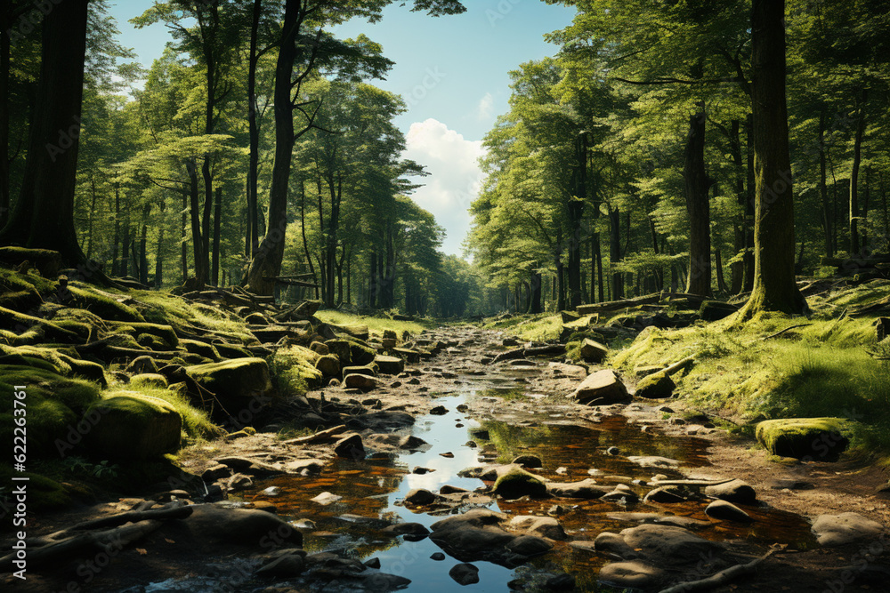 Aufkleber a peaceful forest glade, with sunlight filtering through the trees and casting dappled shadows on th