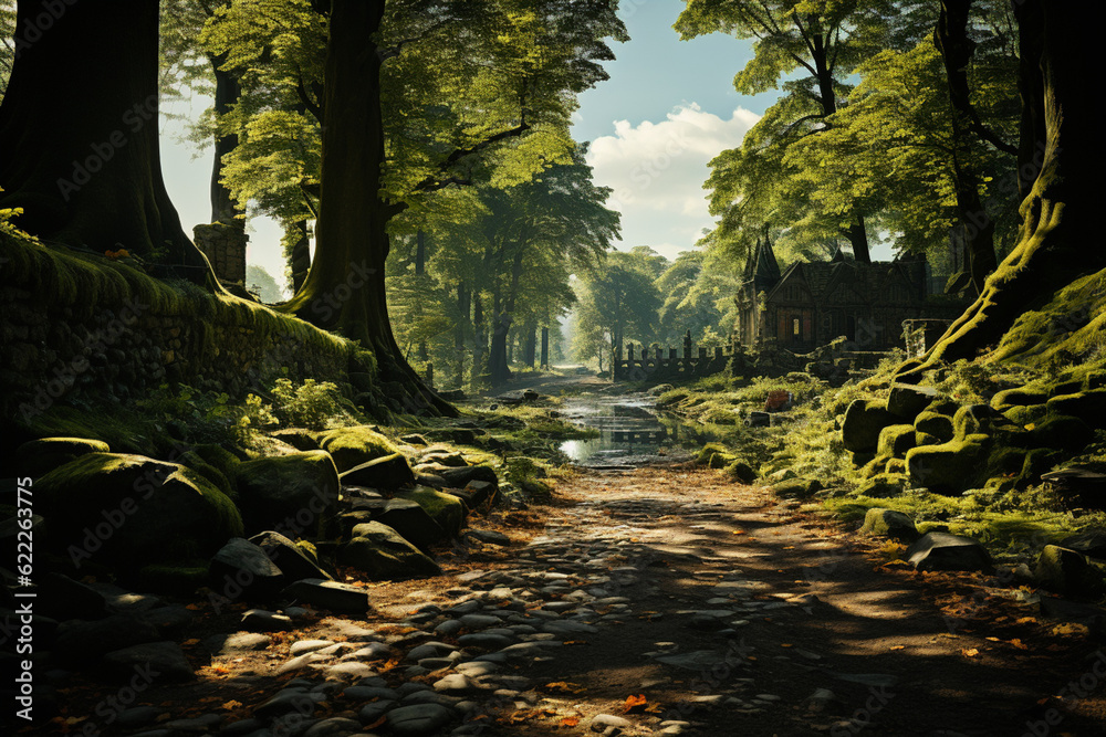 Poster A peaceful forest glade, with sunlight filtering through the trees and casting dappled shadows on the moss-covered ground.  Generative AI technology.