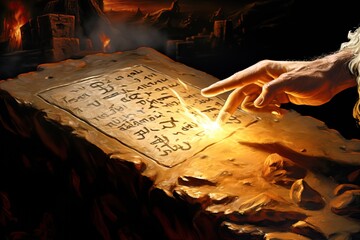 The Ten Commandments written on stone tablets written by the finger of God with fire effect Generative AI Illustration - obrazy, fototapety, plakaty