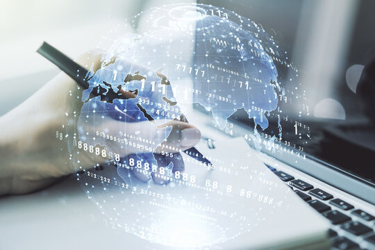 Multi exposure of abstract graphic coding sketch with world map and hand writing in diary on background with laptop, big data and networking concept