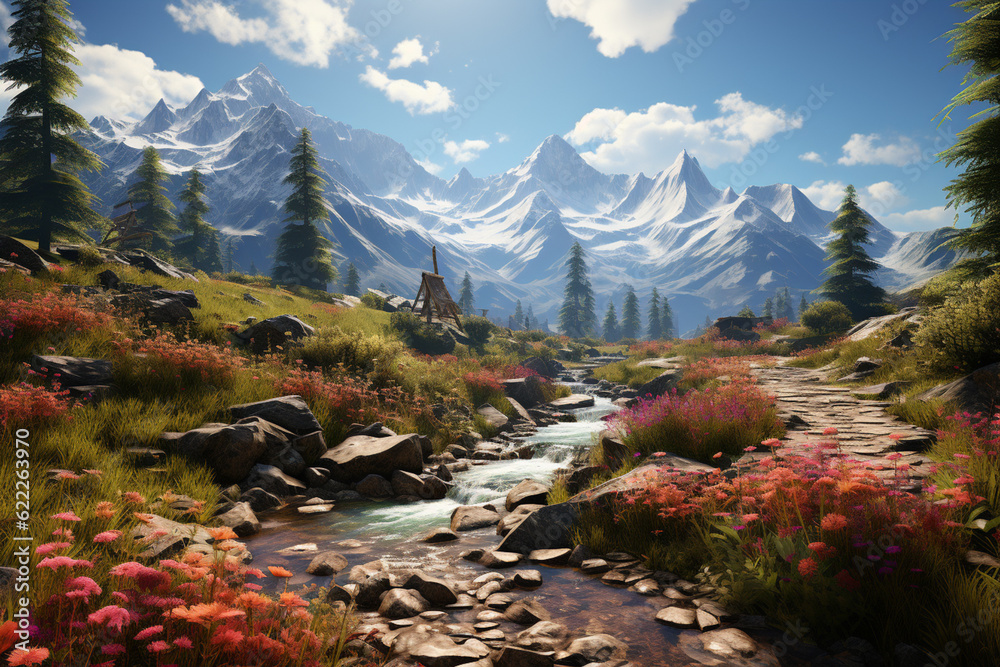 Poster a serene alpine meadow, with snow-capped mountains in the background and a carpet of colorful wildfl