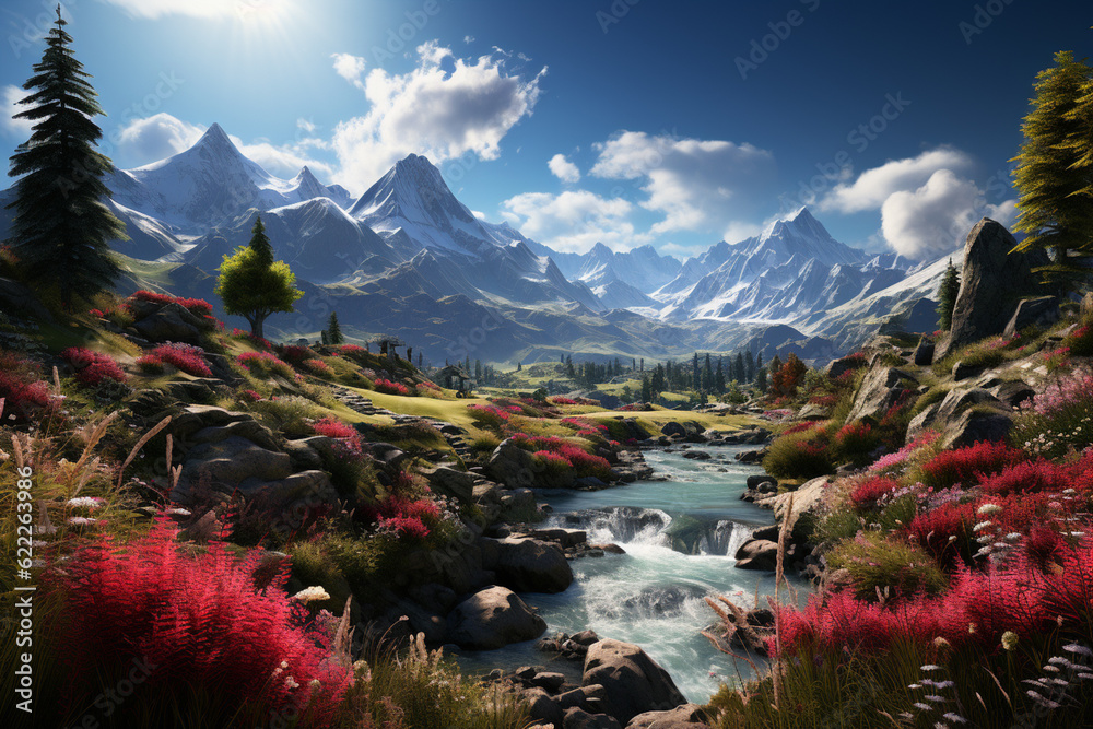 Poster a serene alpine meadow, with snow-capped mountains in the background and a carpet of colorful wildfl