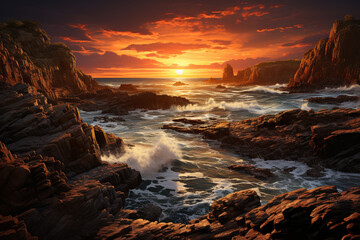 Fototapeta na wymiar A dramatic coastal cliff, with waves crashing against the rocks below and a stunning sunset casting a warm glow over the scene. Generative AI technology.